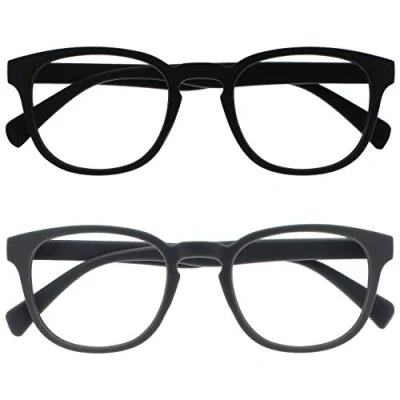 Abbildung von OPULIZE Pop Lesebrille 2er Pack Keck Rund Matt Rahmen Federscharniere Kratzfest Schwarz Grau Herren Damen RR2 17 +3.00