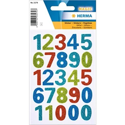 Abbildung von HERMA 3279 Zahlen Aufkleber Glitzer bunt 0 9, 25 Stück, selbstklebend, groß, Kinder Nummer Ziffer Klebezahlen Sticker Hausnummern aus Folie zum Aufkleben DIY Basteln, mehrfarbig