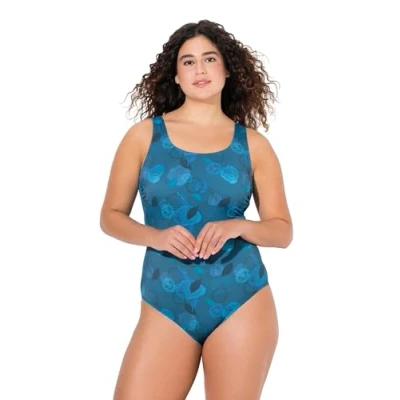 Abbildung von Ulla Popken LEAF Print Badeanzug, Damen, Größe: 50/52, Fir green