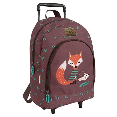 Abbildung von PERLETTI Ökologischer Kinderrucksack mit Rollen und Waldtieren Kinder Trolley aus Recyceltem Kunststoff Rädern Lässig Kindergarten Schulranzen Trolleytasche 36x25x15 cm Eco (Fuchs Igel)