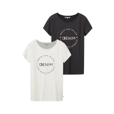 Abbildung von TOM TAILOR Denim Damen Slim Fit T Shirt mit Logo Print im Doppelpack