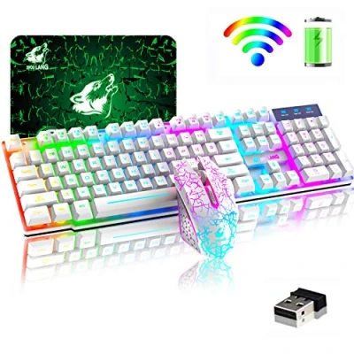 Abbildung von Kabellose Tastatur mit Regenbogen Hintergrundbeleuchtung, 2,4 G, wiederaufladbar, mechanische Haptik, 104 Tasten, Gaming + 2400 DPI, 6 optische LED Maus Mauspads