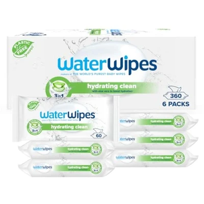 Abbildung von WaterWipes Feuchtigkeitsspendende, säubernde Baby Feuchttücher, 360 Tücher (6 Packungen), mit 99% Wasser &amp; Aloe Vera Extrakt, Feuchttücher für Gesicht Körper