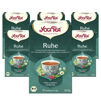 Abbildung von Yogi TEA, Ruhe, Ayurvedischer Bio Gewürz und Kräutertee, von Natur aus koffeinfrei, Mischung Lindenblüten, Kamillenblüten Hagebutte, Tee 6er Pack, 6x17 Beutel (102 Teebeutel insgesamt)