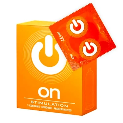 Abbildung von ON) Kondome Stimulation I 54 mm Breite 3 Stück Packung Premium genoppt dünne 0,07 Wandstärke vegan für Männer Condoms for men