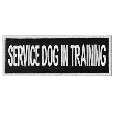Abbildung von Warnschild für Hunde/Geschirre, bestickter Verschluss, Haken und Schlaufe SERVICE DOG IN TRAINING