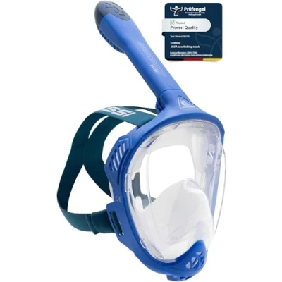 Abbildung von CRESSI Java Full Face Mask Blue/Blue Navy L/XL Vollgesichts Schnorchelmaske, Ultraklare Antibeschlaglinse, 100 % Silikon, Schnorchel Trocken mit Sicherheitsventilen, Blau/Navy Blau,