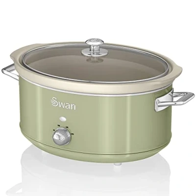 Abbildung von Swan Retro SF17031GNEU Slow Cooker 6,5L Abnehmbarer Kochbehälter, PFOA und PTFE freier Keramischer Antihaft Behälter, 3 Temperaturstufen, Glasdeckel, Vintage Design, Grün, 320W