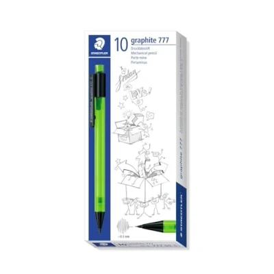 Abbildung von STAEDTLER 777 05 5 Druckbleistift graphite gefüllt mit B Minen, Minendurchmesser 0,5 mm, Schaftfarbe: grün, 10 Stück im Kartonetui