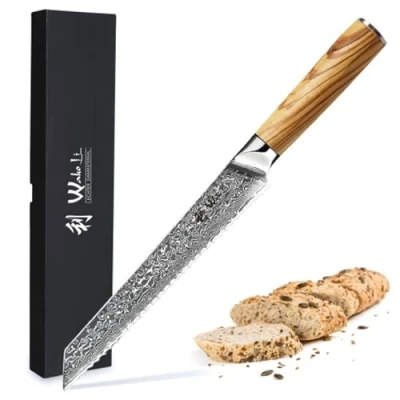 Abbildung von Wakoli Oribu Damast Brotmesser 20 cm I Wellenschliff Klinge aus 67 Lagen Damaststahl Ergonomischer Olivenholzgriff Profi für präzises Schneiden von Brot, Brötchen und Krustenbraten