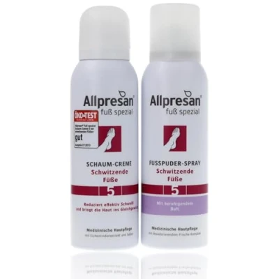 Abbildung von Allpresan Fuß spezial Nr. 5 Pflege Set gegen Schweißfüße mit Schaum Creme 125 ml und Fußpuder Spray zur täglichen stark schwitzender Füße