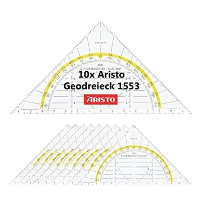 Abbildung von Aristo AR1553 Geodreieck mit festem Griff (Hypotenuse 16 cm, Tuschenoppen, Facette an der Hypotenuse, Plexiglas Tiefenprägung, Made in Austria) transparent, 10 Stück