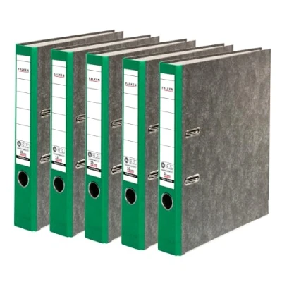Abbildung von Original Falken 5er Pack Recycling Ordner Wolkenmarmor. Made in Germany. 5 cm schmal DIN A4 grüner Rücken Ringordner Aktenordner Briefordner Büroordner Pappordner CO2 Neutral Blauer Engel