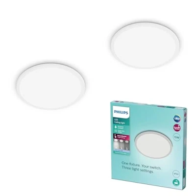 Abbildung von Philips LED Badezimmer Deckenleuchte Superslim, weiß, 15W, neutralweißes Licht 4.000K, 3 Lichteinstellungen dimmen ohne Dimmer, IP44 Schutz, Doppelpack