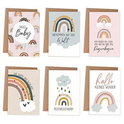 Abbildung von Papierdrachen Glückwunschkarten zur Geburt 6 verspielte Grußkarten als Klappkarte inklusive Umschlag des Babys Stilvolles Design Motiv Regenbogen