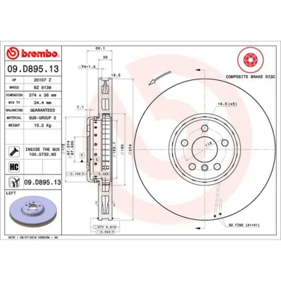 Abbildung von BREMBO 09.D895.13 Bremsscheibe 374 36 5 innenbelüftet, Verbundbremsscheibe beschichtet hochgekohlt mit Schrauben BMW: 6 Gran Turismo, Saloon