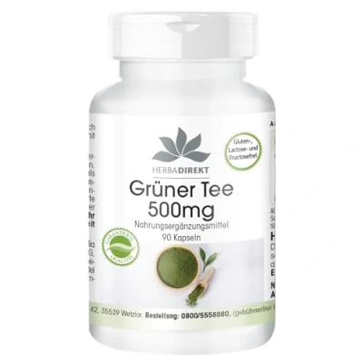 Abbildung von Grüner Tee Extrakt 500mg 90 Kapseln pro Kapsel EGCG Camellia sinensis mind. 50% Polyphenole vegan HERBADIREKT by Warnke Vitalstoffe Deutsche Apothekenqualität