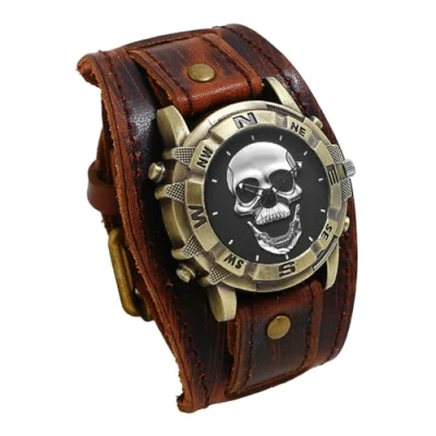 Abbildung von JewelryWe Herrenuhr Totenkopf Echtleder Uhr: Vintage Steampunk Gold Gothic Schädel Armbanduhr Herren Schwarz Breit Lederarmband Biker Sport Lässige Uhr für Männer Halloween Party