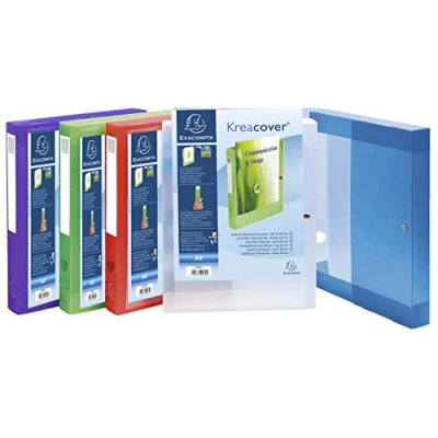 Abbildung von Exacompta 59982E 5er Pack Sammelbox KreaCover 40mm mit Gummizug aus transluzentem Kunststoff Klarsichthülle am Vorderdeckel und Druckknopf für DIN A4 Archivbox Heftbox Zeichenbox lau
