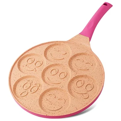 Abbildung von Joejis Pancake Crepe Pfanne mit 7 Mulden Smiley Gesichtern 26,5 cm Antihaft Leichte Aluminiumguss Induktion Spaß für Kinder Mehrzweck Palatschinken Spiegelei Rosa