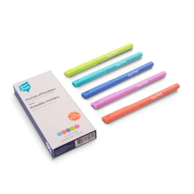 Abbildung von SUPER PETIT 5 Filzstifte mit feiner Spitze, trocken abwischbar, für Set aus Silikon und Whiteboard, trendige Pastellfarben, Türkis, Koralle, Limette, Marineblau Mauve ab 3 Jahren.