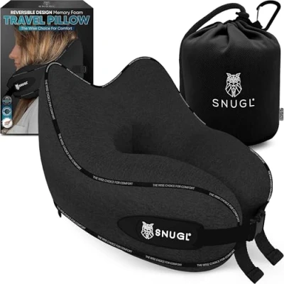 Abbildung von SNUGL Nackenkissen Memory Foam Waschbar &amp; Verstellbar Kuscheliges Nacken Reisekissen Für Flugzeug, Auto Unterwegs Reise Kissen Nackenhörnchen, Neck Travel Pillow (Schwarz, Erwachsener Klein)