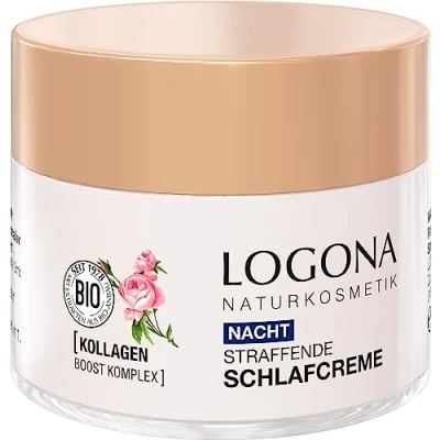 Abbildung von LOGONA Naturkosmetik straffende Schlafcreme, glättende Nachtcreme mit wertvollem Kollagen und Bio Rosenextrakt, intensive Feuchtigkeitspflege während der Nacht, Natürlich &amp; Vegan, Moisture Lift, 50ml