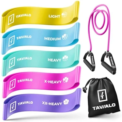 Abbildung von TAVIALO Widerstandsbänder 5er Set + Expander, Fitnessbänder für Krafttraining, Muskelaufbau, Crossfit, Yoga &amp; Physiotherapie 100% Latex, Verschiedene Widerstandsstufen