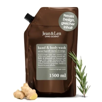 Abbildung von Jean &amp; Len Hand Body Wash Rosemary und Ginger im Nachfüllbeutel, reinigt pflegt die Haut, würzig frischer Duft, Flüssigseife Nachfüllpack, ohne Silikone, Parabene Mikroplastik, 1,5L