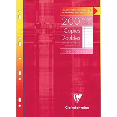 Abbildung von Clairefontaine 4715C Packung, mit 200 Seiten Klausurbogen (Doppelblätter) DIN A4, 21x29,7cm, 9 fach gelocht, 90g, liniert Rand, Weiß, 1 Pack