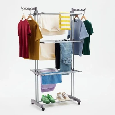 Abbildung von Amazon Basics Turm Wäscheständer für innen mit faltbaren Flügeln, Garten, Grau, 126 x 64 173 cm (L W H)
