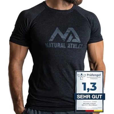 Abbildung von Herren Fitness T Shirt meliert Männer Kurzarm für Gym &amp; Training Passform Slim Fit, lang mit Rundhals, Schwarz, S