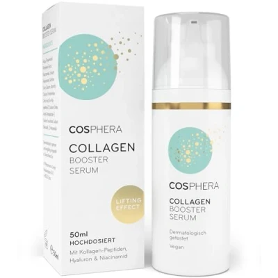 Abbildung von Cosphera Collagen Booster Serum 50 ml Vegan mit Hyaluronsäure, Peptiden &amp; Vitamin B3 Gesichtsserum gegen Falten Anti Tränensäcke, Augenringe und Stirnfalten