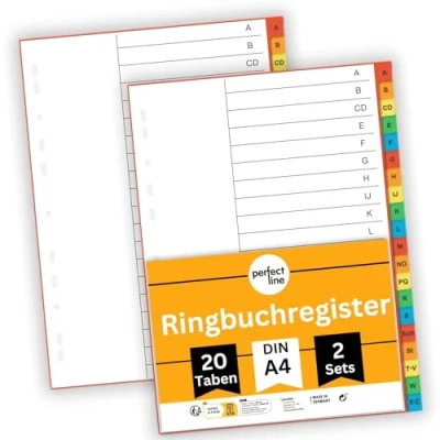 Abbildung von perfect line Ordner Register A Z DIN A4, 20 teilig, 2er Set, Karton, Made in Germany, Blauer Engel zertifiziert