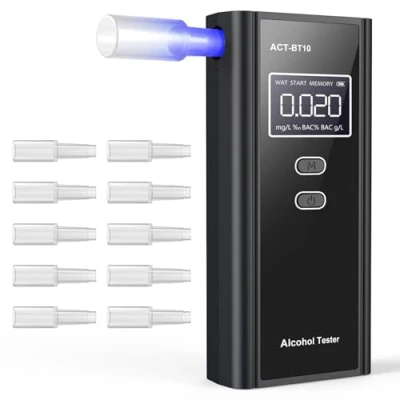 Abbildung von Milduall Alkoholtester Polizeigenau, Professioneller Alkoholmessgerät mit digitaler LCD Anzeige Promillemessgerät Atemalkoholtester 10 Mundstücken, Gradgenauigkeit für Outdoor Patry