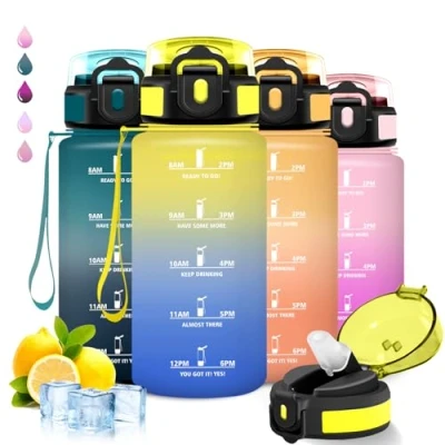 Abbildung von Trinkflasche, 500ml Trinkflasche Kinder, Wasserflasche mit Strohhalm, Auslaufsicher, Kohlensäure Geeignet, Leicht zu Reinigen, Zeitmarkierung, für Schule, Reisen, Sport, Camping