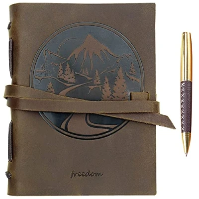 Abbildung von Leder Notizbuch A5 Tagebuch Journal Geprägt Berg Handgefertigte Reisetagebuch, Vintage Notebook Für Männer Frauen Antik Rustikal Echtes 21X15Cm Geschenk Sketchbook Reisende Travelers
