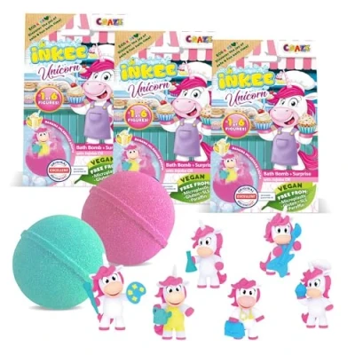 Abbildung von INKEE UNICORN PROFESSIONS 3x Badebomben Kinder mit Überraschung 3 von 6 verschiedenen Einhörnen zum Sammeln 100g Badekugeln Bananenmilchshake Aroma und Jojobaöl, Rosa oder Grün