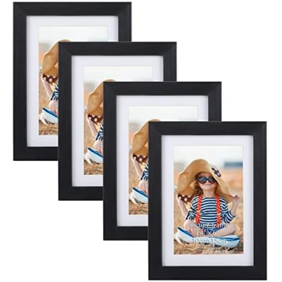 Abbildung von EXYGLO 4er Set Bilderrahmen 10x15 CM, Schwarzer für 15x10 Fotos mit Passepartouts oder 13x18 Bilder ohne Passepartouts, Wand Tischaufsteller
