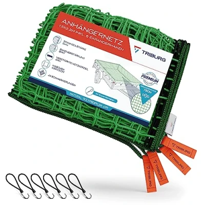 Abbildung von TRIBURG Anhängernetz 1,5x2,2 inkl. 6X Expander Haken Anhänger Netz mit Eckmarkierungen und Randverstärkung Gummispanner [Spanngummi Haken]