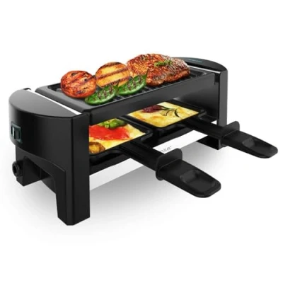 Abbildung von Cecotec Holz Raclette Käse &amp; Grill 8200 Schwarz. 1200 W, Grillfläche, 8 Einzelpfannen, Antihaftplatte, einstellbarer Thermostat, abnehmbares Design (Holz, AllStone)