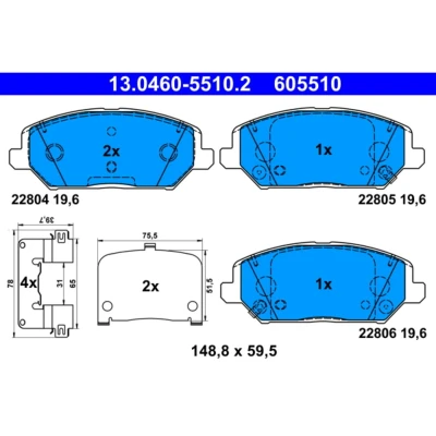 Abbildung von ATE 13.0460 5510.2 Bremsbelagsatz mit akustischer Verschleißwarnung Anti Quietsch Blech Zubehör HYUNDAI: i30 III Fastback, Estate