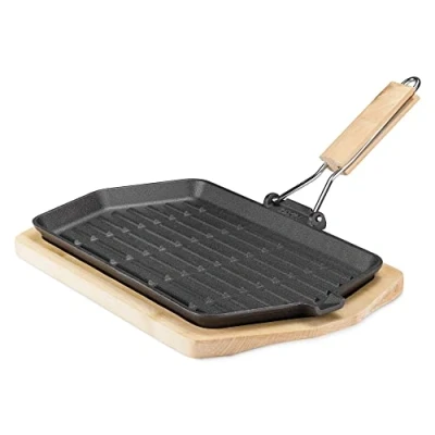 Abbildung von Navaris Gusseisenpfanne für Fajitas Steak 34x20,5cm groß feuerfeste Gusseisen Pfanne mit Holzgriff klappbar inkl. Ausguss alle Herdflächen