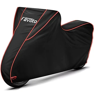 Abbildung von Favoto Verbesserte Version Wasserdicht Motorradabdeckung Motorrad Abdeckplane Motorradgarage Roller Abdeckung XXL Outdoor Schwarz Rot 300D mit Langen Reflektionsstreifen Klickverschlüssen Gummizug