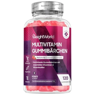 Abbildung von Multivitamin Gummibärchen 120 Gummies Mit 13 Vitaminen &amp; Mineralstoffen Für Erwachsene Jod, Vitamin C, A, D3, E, B9,B5, Biotin, Zink Natürliche Zutaten Erdbeergeschmack WeightWorld