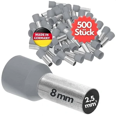 Abbildung von 500 Stück Kalitec AE2508GR Aderendhülsen isoliert 2,5mm² 8mm lang grau I Made in Germany Industriequalität
