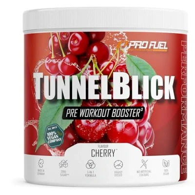 Abbildung von Pre Workout Booster KIRSCHE 440g unglaublich lecker TUNNELBLICK Trainingsbooster mit Citrullin, Arginin, Taurin, Koffein, Guarana und Magnesium optimal hochdosiert 100% vegan
