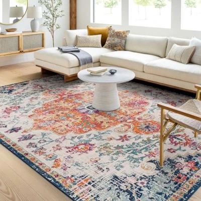 Abbildung von Surya Asmara Vintage Teppich groß Wohnzimmer 120x170cm, Esszimmer, Schlafzimmer Orientalischer Boho Style Carpet Living Room, Bunter Muster, Grau und Orange