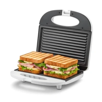 Abbildung von Girmi TS03 Toaster, 750 W, Antihaftplatten, Hitzebeständiger Griff mit Verschluss, Betriebs und Temperaturanzeige, Weiß.