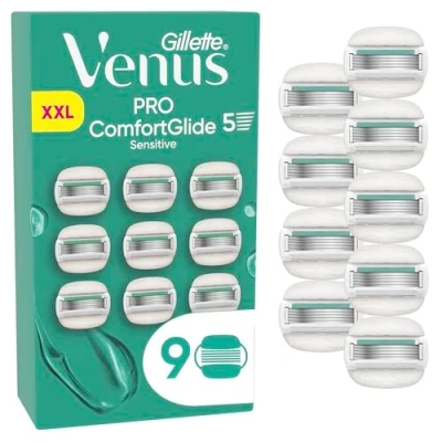 Abbildung von Gillette Venus Pro ComfortGlide Sensitive Damenrasierer mit einem Hauch von Aloe Vera, 9 Ersatzklingen, langlebiges Metallhandstück und Duschhalterung